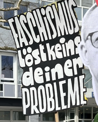 Demoschild mit der Aufschrift: Faschismus loest keins deiner Probleme