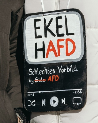 Demoschild mit der Aufschrift: EkelhAfD im Stile eines Youtubevidos