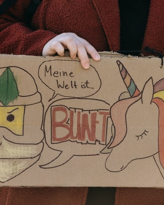Demoschild mit einem EInhorn und einer anderen Figur mit der Aufschrift: Miene Welt ist bunt