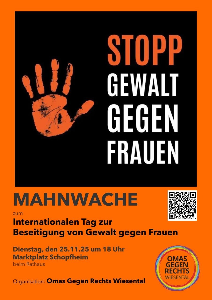 Orangener Hintergrund mit schwazem Quadrat. Darauf eine orangene Hand mit der Aufschrift Stopp Gewalt egen Frauen und der Vernatsltungshinweis der Omas gegen Rechrs Wiesental.